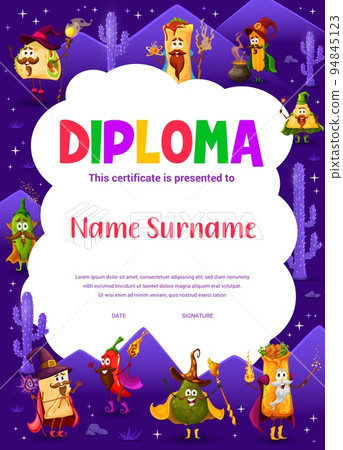 Kids diploma, cartoon Tex Mex Mexican food wizards characters, vector education certificate. Kindergarten appreciation diploma award with burrito sorcerer, taco warlock and quesadilla magician wizard Kids diploma, cartoon Tex Mex Mexican food wizards characters, vector education certificate. Kindergarten appreciation diploma award with burrito sorcerer, taco warlock and quesadilla magician wizard 94845123