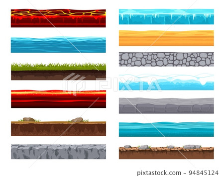 Soil ground layer, cartoon game level surface landscape. Vector textures of lava, ice, sea, water pond, paved road, green field, desert sand cross section view. Cartoon textured graphic ui background Soil ground layer, cartoon game level surface landscape. Vector textures of lava, ice, sea, water pond, paved road, green field, desert sand cross section view. Cartoon textured graphic ui background 94845124