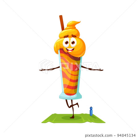 Cartoon dessert character on yoga fitness. Happy smiling milkshake vector character, comical fast food cafe sweet drink glass with straw isolated personage doing fitness, standing in yoga pose on mat 94845134