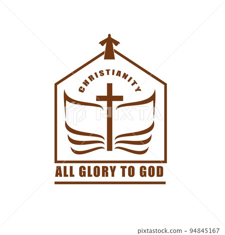 Christianity religion icon with Bible and cross. Christian church or confession thin line vector symbol. Christianity symbol o emblem with sacred book and Jesus Christ silhouette 94845167