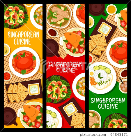 Singaporean cuisine restaurant food vector banners. Pork rib soup, fish head curry and vegetable shrimp salad, rice Nasi Lemak, mussels in coconut curry broth and chilli crab, flatbread Roti Prata 94845171