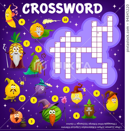 Crossword education quiz worksheet with cartoon fruits wizards and sorcerer, vector puzzle game grid. Kids crossword game riddle magician characters of pineapple, banana and watermelon with magic wand Crossword education quiz worksheet with cartoon fruits wizards and sorcerer, vector puzzle game grid. Kids crossword game riddle magician characters of pineapple, banana and watermelon with magic wand 94845220