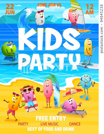 Kids party flyer. Cartoon vitamin characters on summer beach vacation. Kids party vector poster or placard with cute A, B, C, D vitamins personages sunbathing, SUP surfing and diving Kids party flyer. Cartoon vitamin characters on summer beach vacation. Kids party vector poster or placard with cute A, B, C, D vitamins personages sunbathing, SUP surfing and diving 94845238