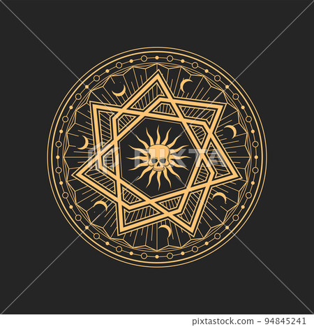 Occult and esoteric pentagram, magical tarot talisman, golden mason symbol with skull, sun and moon. Vector mystic symbol of alchemy and esoteric Occult and esoteric pentagram, magical tarot talisman, golden mason symbol with skull, sun and moon. Vector mystic symbol of alchemy and esoteric 94845241