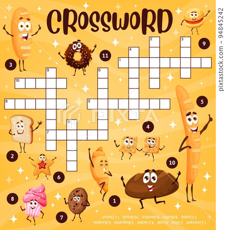 Cartoon bakery and dessert characters, crossword puzzle game vector grid. Find a word kids education worksheet with funny sweets, bakery bread and croissant with cupcake, chocolate donut and cookies Cartoon bakery and dessert characters, crossword puzzle game vector grid. Find a word kids education worksheet with funny sweets, bakery bread and croissant with cupcake, chocolate donut and cookies 94845242