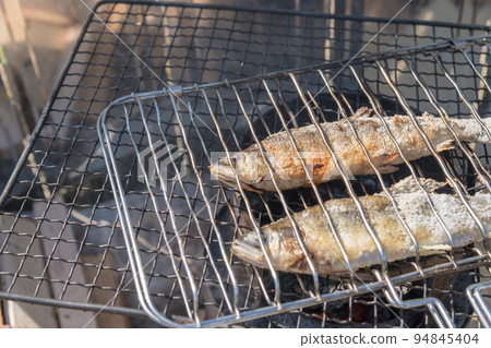 [在中津川河床上露營，用餘燼鹽烤養殖的香魚] 94845404