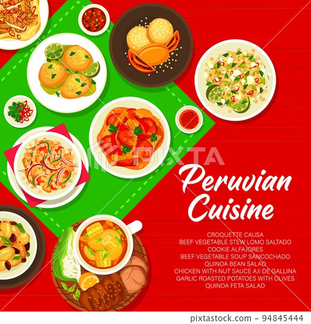 Peruvian cuisine menu cover page. Cookie Alfajores, quinoa feta salad and potatoes with olives, Lomo Saltado, Causa croquettes and soup Sancochado, quinoa bean salad, chicken with sauce Aji de Gallina 94845444