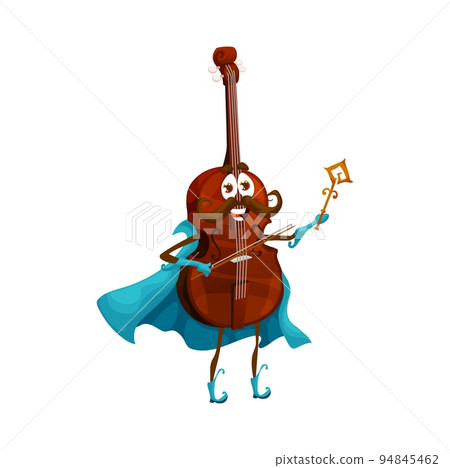 Cartoon cello wizard character, violoncello mage personage. Isolated vector musical string instrument making spell with magic wand. Magician in blue cape, musician wizard 94845462