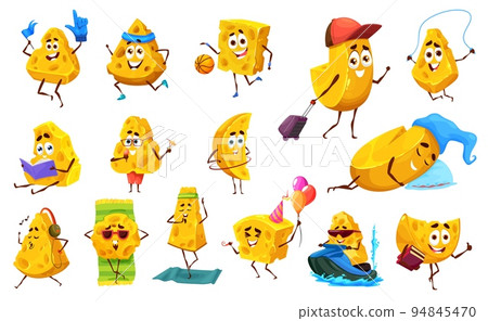 Cartoon cheese vector characters and personages. Yellow slices of dairy product show thumb up, celebrate birthday, ride waterbike, sleep and meditate. Travel, sport workout, relax on beach, education 94845470