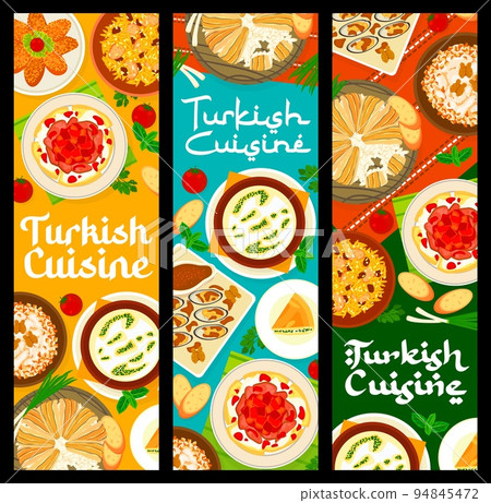 Turkish cuisine meals banners, traditional dishes and meals, vector lunch or dinner. Turkish cuisine food menu for spinach pie borek, almond pudding keksul, lamb meat ball kofte and chicken pilaf rice 94845472