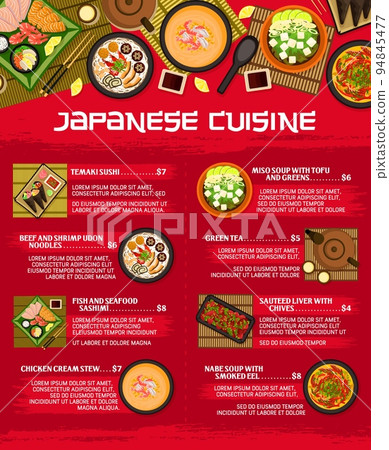 Japanese cuisine menu, vector chicken cream stew, temaki sushi, miso with tofu and greens. Green tea, fish and seafood sashimi, beef and shrimp udon noodles or nabe soup with smoked eel Japan dishes 94845477