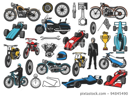 Racing sport bikes, bolides and racer cars, speedway motorcycle and motocross vector icons. Sport races vehicles and parts, engine valve piston, racer helmet with stat or finish flag and victory cup Racing sport bikes, bolides and racer cars, speedway motorcycle and motocross vector icons. Sport races vehicles and parts, engine valve piston, racer helmet with stat or finish flag and victory cup 94845490