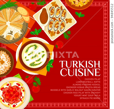Turkish cuisine menu cover with dishes for lunch and dinner, vector Turkey food meals. Turkish food menu for yogurt min soup yayla, chicken pilaf and lamb meatball kofte with spinach pie borek 94845512