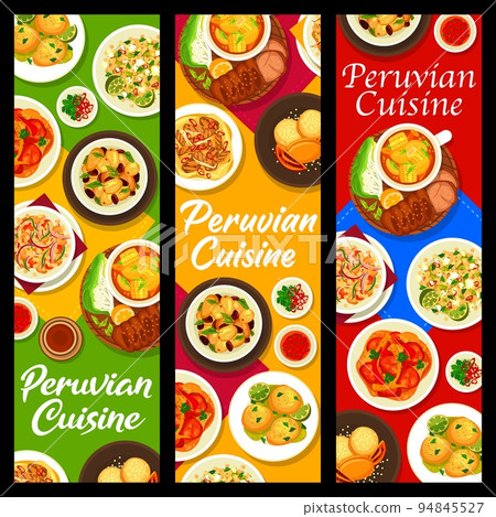 Peruvian cuisine restaurant banners. Chicken with sauce Aji de Gallina, potatoes with olives and quinoa feta salad, Sancochado, Causa croquettes and quinoa bean salad, cookie Alfajores, Lomo Saltado 94845527