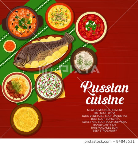 Russian cuisine menu cover, food dishes and meals of Russia, vector poster. Russian cuisine traditional restaurant menu with fish soup ukha and borscht, pelmeni dumpling and vegetable soup okroshka 94845531
