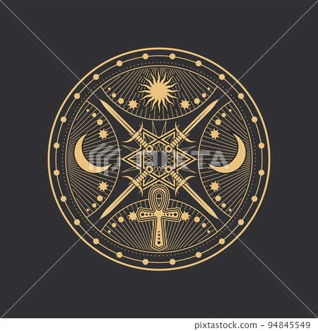 Occult esoteric pentagram, magic tarot ankh symbol with swords, vector circle. Pentagram symbol of alchemy, esoteric and occultism ritual with sun, moon in celestial planets circle and ritual daggers Occult esoteric pentagram, magic tarot ankh symbol with swords, vector circle. Pentagram symbol of alchemy, esoteric and occultism ritual with sun, moon in celestial planets circle and ritual daggers 94845549