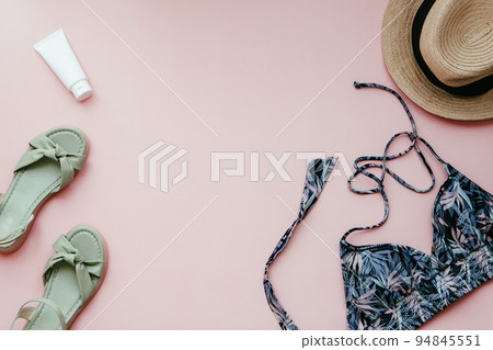 Summer image Swimwear, straw hat, skin care, sunscreen Summer image Swimwear, straw hat, skin care, sunscreen 94845551