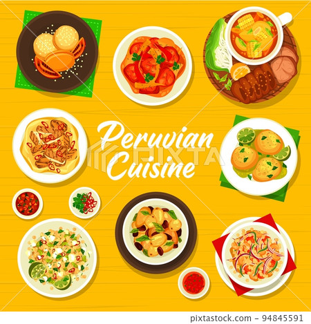 Peruvian cuisine cover page design. Quinoa bean salad, potatoes with olives and Lomo Saltado, quinoa feta salad, Causa croquettes and Sancochado, cookie Alfajores, chicken with sauce Aji de Gallina Peruvian cuisine cover page design. Quinoa bean salad, potatoes with olives and Lomo Saltado, quinoa feta salad, Causa croquettes and Sancochado, cookie Alfajores, chicken with sauce Aji de Gallina 94845591