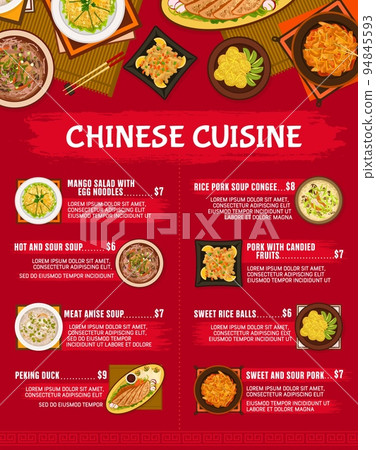 Chinese cuisine restaurant meals menu. Meat anise soup, mango salad with egg noodles and pork with candied fruits, Peking duck, hot and sour, rice pork Congee soups, rice balls, sweet and sour pork 94845593