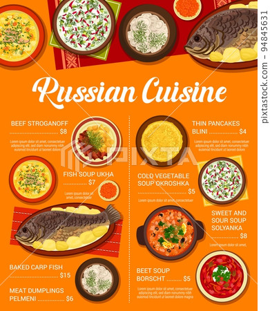 Russian cuisine menu with traditional food dishes and meals, vector restaurant lunch poster. Russian cuisine borscht beet soup and beef stroganoff, blini pancakes and meat dumplings pelmeni 94845631