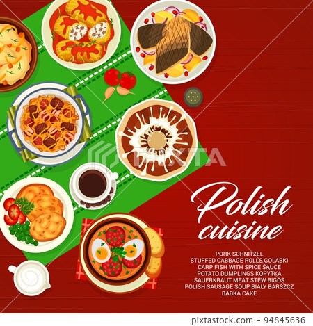 Polish cuisine menu cover. Sauerkraut meat stew bigos, schnitzel and coffee, Babka cake, cabbage rolls Golabki and carp fish with sauce, polish sausage soup Bialy Barszcz, potato dumplings Kopytka 94845636