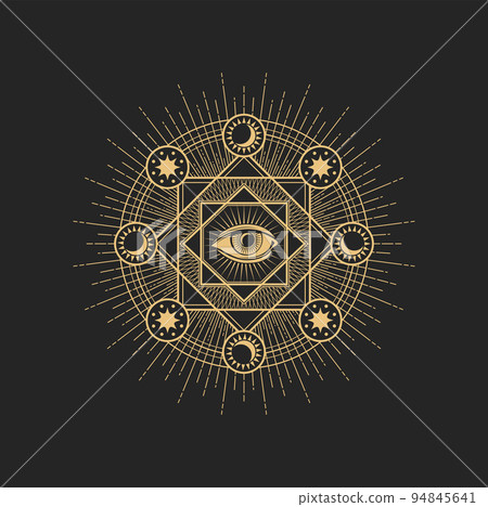 Esoteric occult symbol vector Eye of Providence inside of circle with star, sun, moon around. Spiritual mason sign or tarot cards symbol, isolated amulet, tattoo 94845641