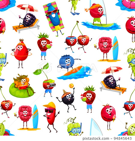 Cartoon berries on summer vacation. Funny characters seamless pattern. Berry personages having fun on beach background or vector wallpaper with cherry, blueberry, raspberry and honeyberry, rosehip Cartoon berries on summer vacation. Funny characters seamless pattern. Berry personages having fun on beach background or vector wallpaper with cherry, blueberry, raspberry and honeyberry, rosehip 94845643
