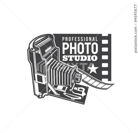 Photo studio icon. Professional photographer atelier or photo studio monochrome icon, sign or retro symbol with vintage medium format folding camera, film perforation and typography Photo studio icon. Professional photographer atelier or photo studio monochrome icon, sign or retro symbol with vintage medium format folding camera, film perforation and typography 94845677