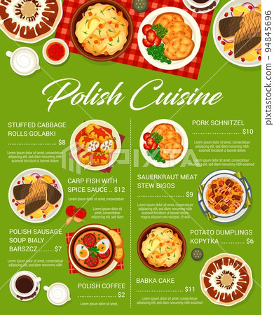 Polish cuisine restaurant menu. Sauerkraut stew bigos, carp fish with sauce and sausage soup Bialy Barszcz, dumplings Kopytka, coffee and pork schnitzel, stuffed cabbage rolls Golabki, Babka cake 94845696