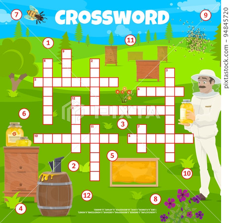 Beekeeping and apiary crossword puzzle game grid and agriculture quiz, vector worksheet. Kids education crossword riddle with honey beekeeper and bees smoker, beehive and beekeeping barrel Beekeeping and apiary crossword puzzle game grid and agriculture quiz, vector worksheet. Kids education crossword riddle with honey beekeeper and bees smoker, beehive and beekeeping barrel 94845720