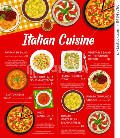 Italian cuisine meals menu. Florentine beef steak, salad Caprese and pasta fish salad, dumplings Gnocchi, soup Minestrone and pizza Margherita, vegetable salad with croutons Caesar, tomato cream soup 94845760
