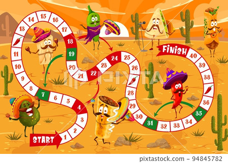 Cartoon mexican food character in desert kids board game. Vector walk boardgame with numbered snake path and tex mex snacks chili pepper, tacos and jalapeno, burrito and avocado, quesadilla, enchilada 94845782