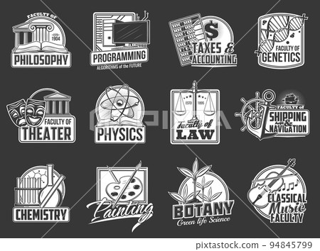 University faculties vector icons philosophy, theater and chemistry, programming, physics and painting. Taxes accounting, law and botany, genetics, shipping and navigation, classical music labels set 94845799