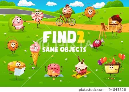 Find two same cartoon desserts, sweets, cookie and cake characters. Kids riddle vector worksheet, children puzzle game with difference search task, candy, ice cream and waffle, pancake, marshmallow 94845826