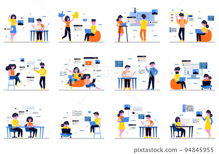 Web development concept with tiny people scenes set in flat design. Bundle of men and women developers working, creating webpages layouts, testing, coding and optimization. Vector illustration for web 94845955