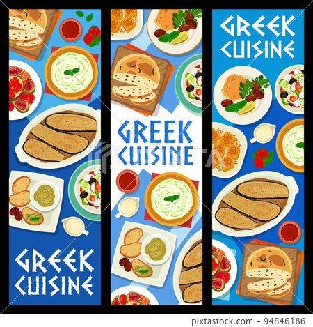 Greek cuisine meals and dishes banners. Greek salad, nut Baklava and lasagna Moussaka, cucumber yogurt sauce Tzatziki, battered fish and fruit cake, fish roe dip Taramasalata, olive bread Eliopsomo Greek cuisine meals and dishes banners. Greek salad, nut Baklava and lasagna Moussaka, cucumber yogurt sauce Tzatziki, battered fish and fruit cake, fish roe dip Taramasalata, olive bread Eliopsomo 94846186