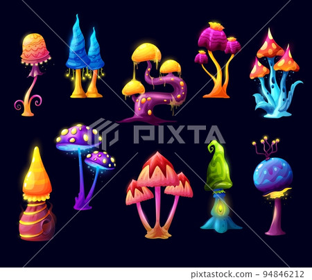 Fairy fantasy cartoon mushrooms or luminous toadstools of witch forest. Fairy ale magic mushrooms with blue neon, yellow and green caps with sparkling toxic spores and glowing light. Vector game asset 94846212