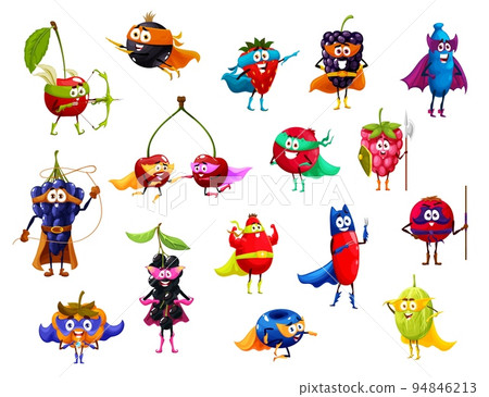 Garden berry superhero and defender characters, vector cartoon funny food. Super hero and guardian berries, strawberry and cherry in superhero masks, blackberry and blueberry in power cape 94846213