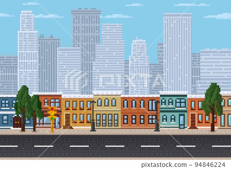 Pixel cityscape, 8 bit pixel art game level landscape. Vector downtown landscape with road, trees, street lamps, traffic lights and skyscraper silhouettes. Background of retro mobile or computer game 94846224