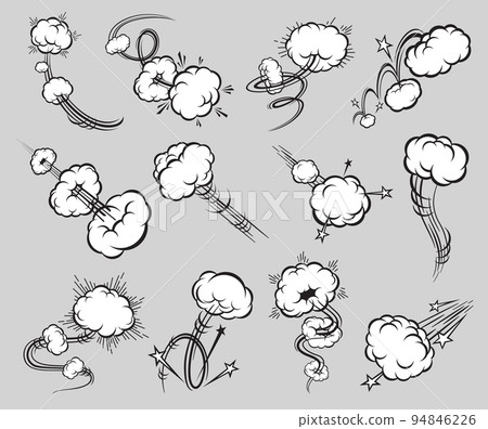 Comic speed motion effects of speed trails and puff clouds, vector jump or blast bubbles. Cartoon spiral motion puff cloud trails of rocket launch or air smoke motion, explode pop or punch effect Comic speed motion effects of speed trails and puff clouds, vector jump or blast bubbles. Cartoon spiral motion puff cloud trails of rocket launch or air smoke motion, explode pop or punch effect 94846226