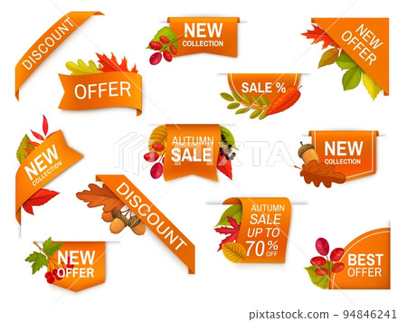 Autumn sale offer, discount ribbons, banners and corners, fall promotion vector leaf flyers. Autumn seasonal promo tags, price discount labels and new collection frames of maple, acorn and oak leaves 94846241