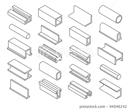 Steel products, iron profile silhouettes. Metal beam, pipe, girder, sheet and rebar, vector symbols. Construction steel bars and metal tubes, metallurgy industry beam and pipe materials 94846242