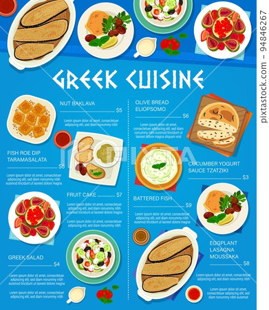 Greek cuisine meals menu template. Fish roe dip Taramasalata, Greek salad and eggplant lasagna Moussaka, fruit cake, nut Baklava and cucumber yogurt sauce Tzatziki, battered fish, bread Eliopsomo Greek cuisine meals menu template. Fish roe dip Taramasalata, Greek salad and eggplant lasagna Moussaka, fruit cake, nut Baklava and cucumber yogurt sauce Tzatziki, battered fish, bread Eliopsomo 94846267