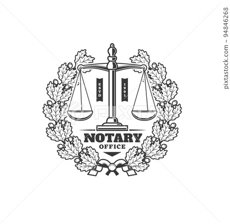 Notary service icon. Scales and laurel wreath. Vector scales of justice in frame of oak wreath with acorns isolated monochrome symbol of advocacy. Lawyer or law attorney office emblem 94846268