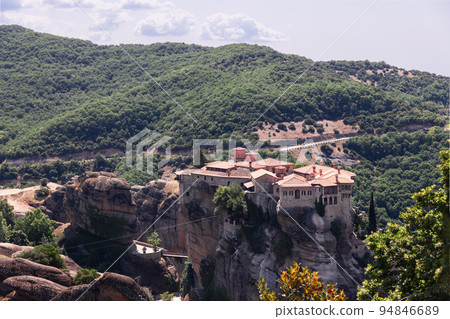 narrow wooden bridge connecting Monastery of Varlaam with rest of world, Meteora, Greece narrow wooden bridge connecting Monastery of Varlaam with rest of world, Meteora, Greece 94846689