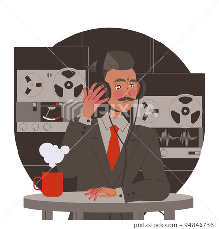 Mustached Man Special Agent in Headphones Listening to Secret Conversation Spying and Monitoring Vector Illustration 94846736