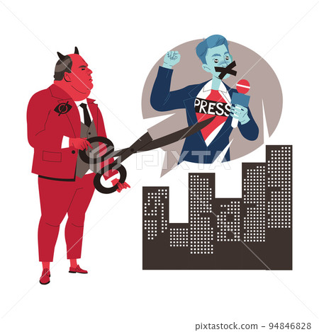 Prohibition of Independent Media with Red Man Cutting Speech Bubble with Reporter with Scissors Vector Illustration Prohibition of Independent Media with Red Man Cutting Speech Bubble with Reporter with Scissors Vector Illustration 94846828