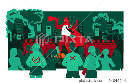Manipulation of People with Fat Red Man with Megaphone Agitating Zombified Crowd Vector Illustration 94846944