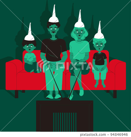Manipulation of People with Zombified Family Sitting on Sofa Watching TV News Vector Illustration Manipulation of People with Zombified Family Sitting on Sofa Watching TV News Vector Illustration 94846946