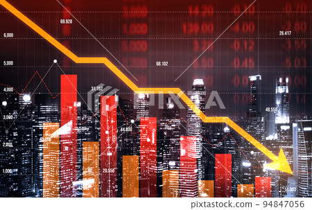 Declining graphs of a stock market crash overlap modernistic city. 94847056